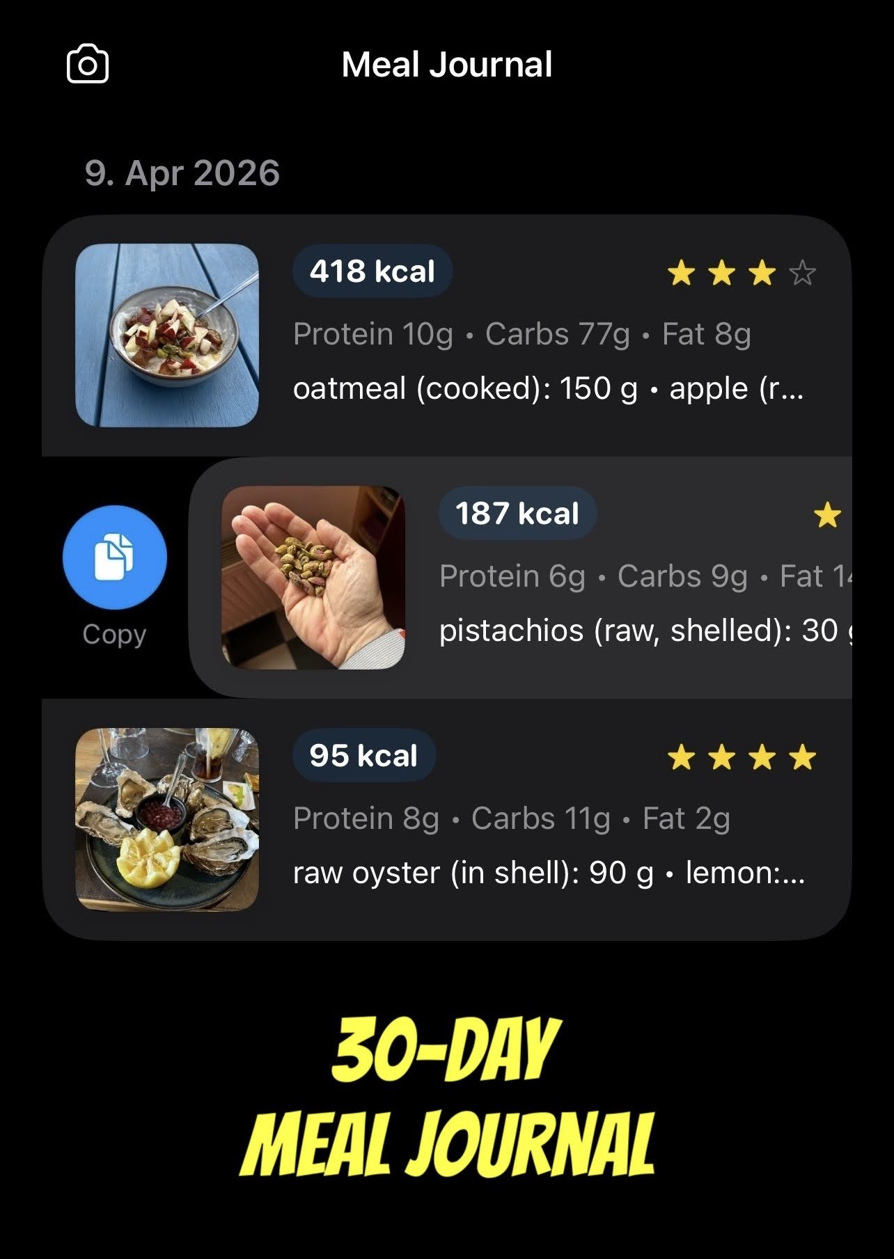 30-day meal journal screen.