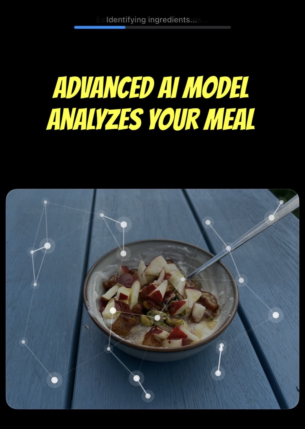 Quick Meal Check analysis screen showing a meal photo and AI meal-analysis overlay.
